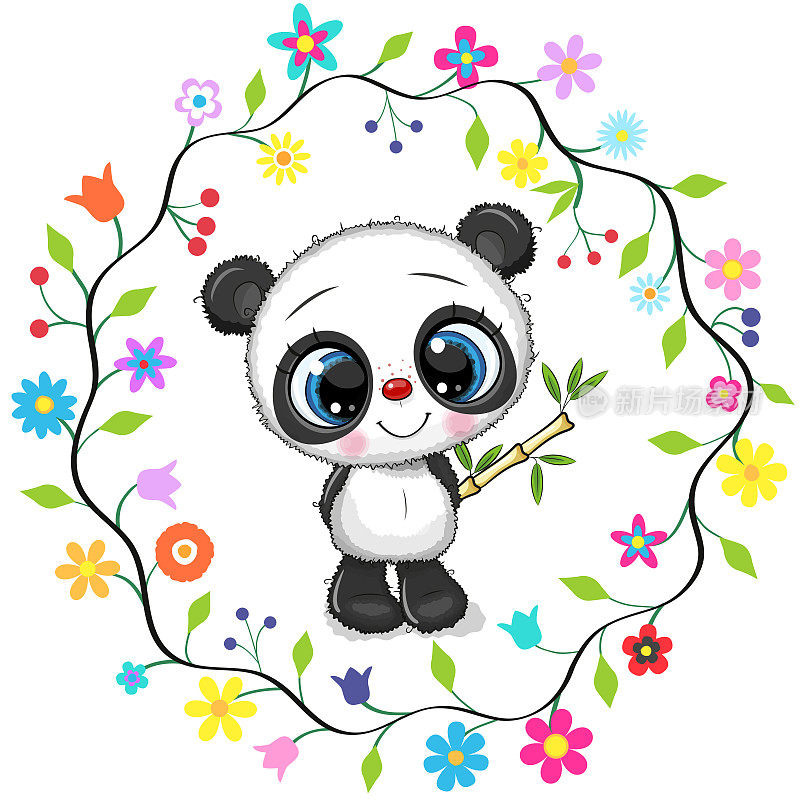 Cartoon Panda in a flowers frame